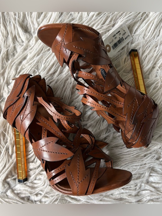 Tom Ford Shoes - Tom Ford Leaf Laser Cut Stitched Brown Leather Geometric Plexi Heel Sandals 37